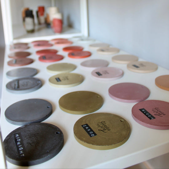 display of round concrete color samples for House of Ivy custom wholesale collections 
