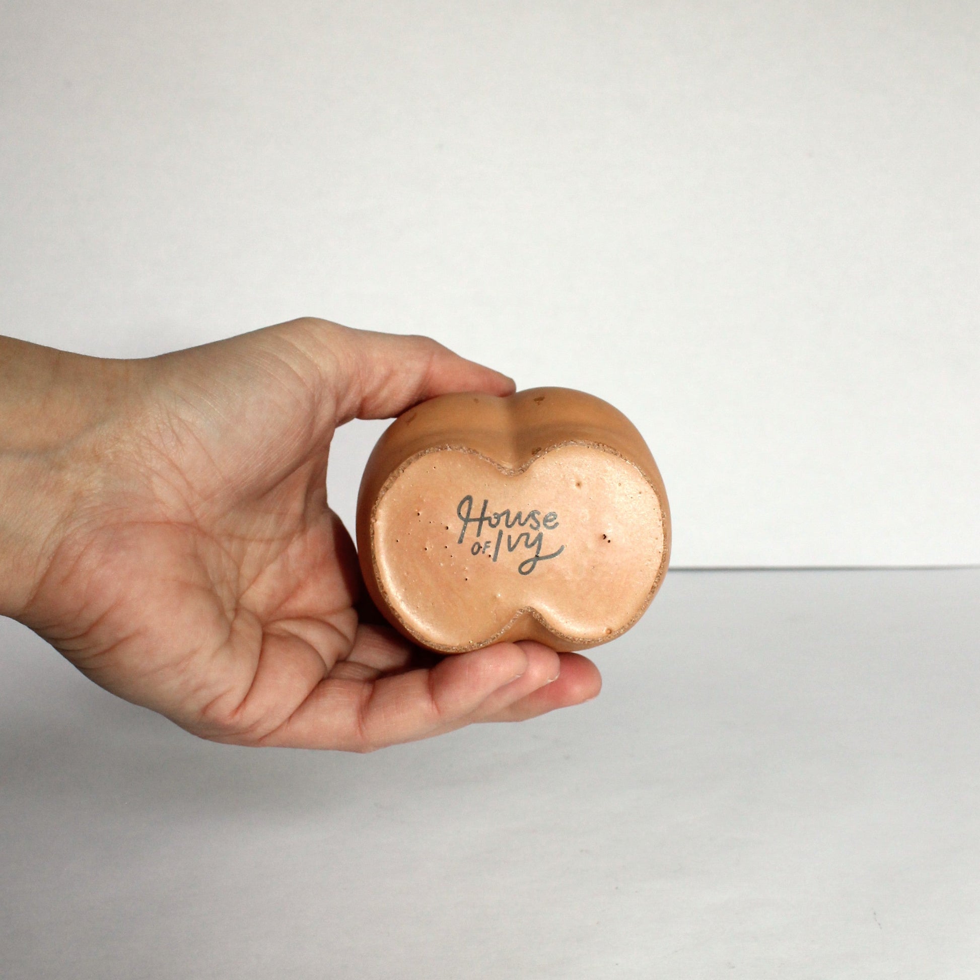 Hand showing the bottom of holding a small concrete container with 'House of Ivy' stamped on a plain background