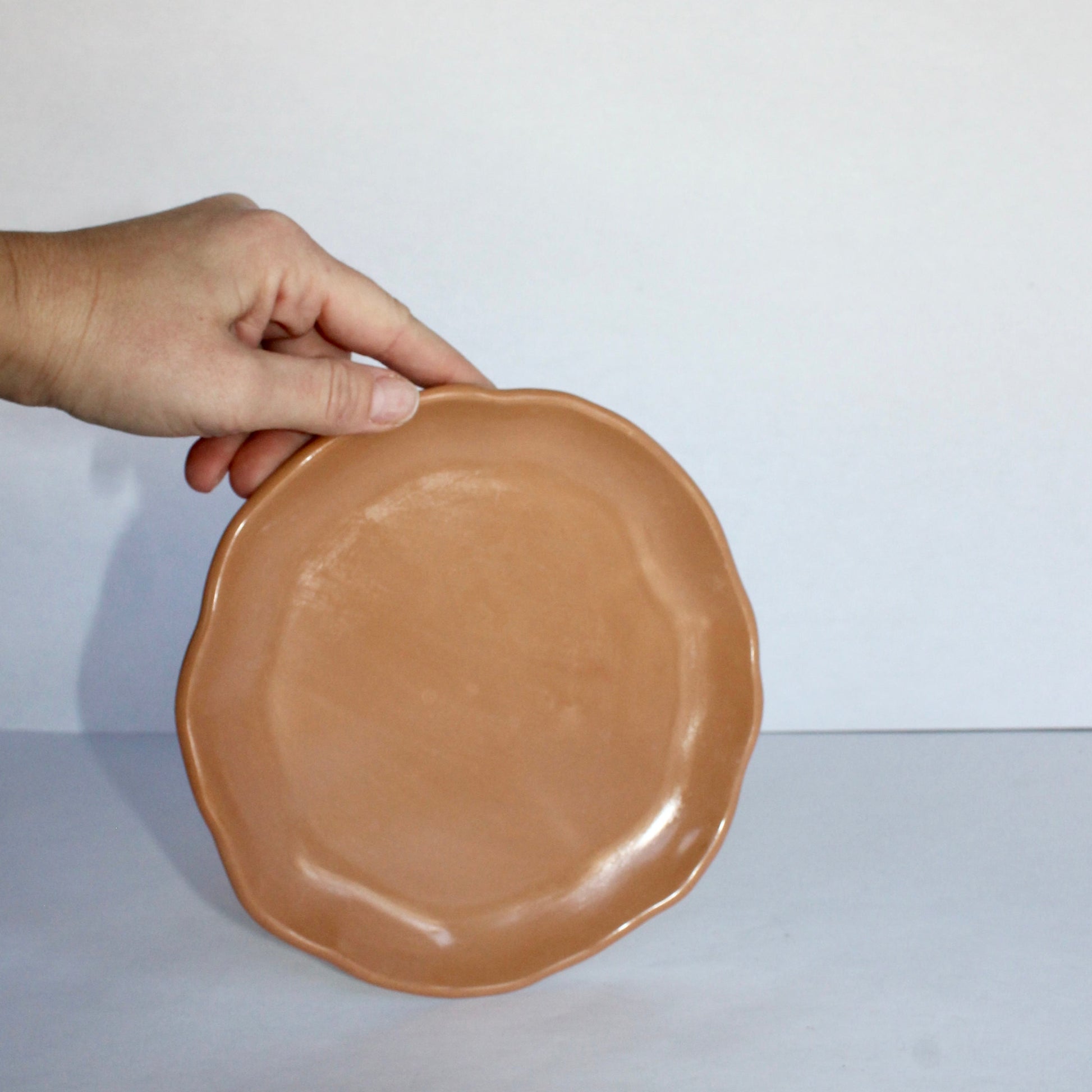 Hand holding a terracotta concrete plate against a white background