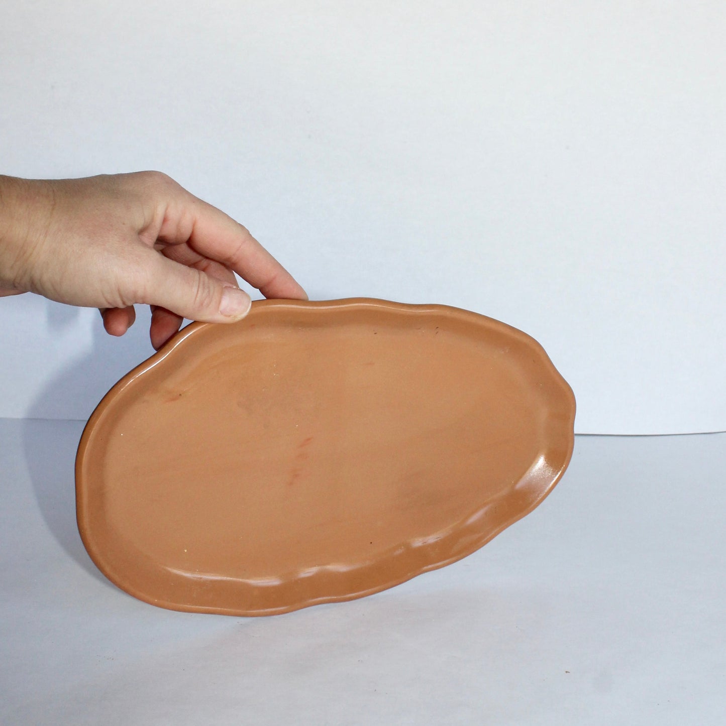 Hand holding a clay color ceramic plate against a white background