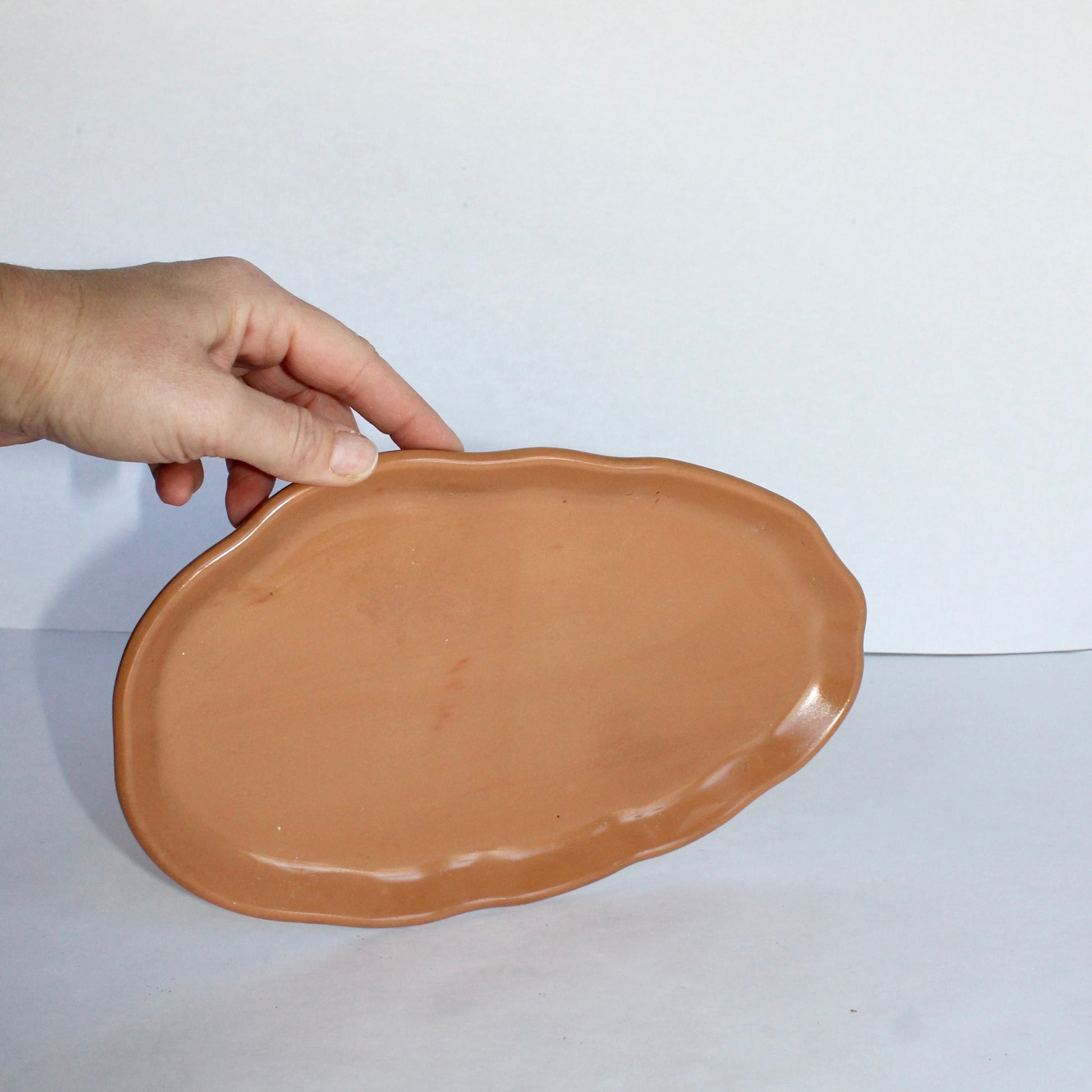 Hand holding a clay color ceramic plate against a white background